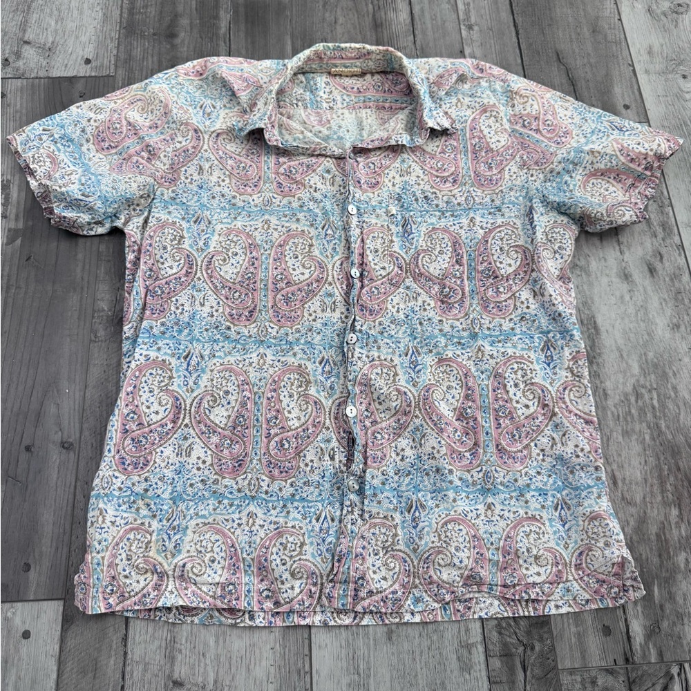 Anokhi Button Down Shirt Women Small Pink Blue Cotton Boho Relaxed